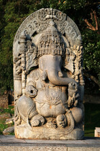 Huge Stone Ganesha Statue At Western Entrance Of Hoysaleswara Temple, Halebidu Temple, Halebidu, Hassan District Of Karnataka State, India. The Temple Was Built In 12th-century Rule Of Hoysala Empire.