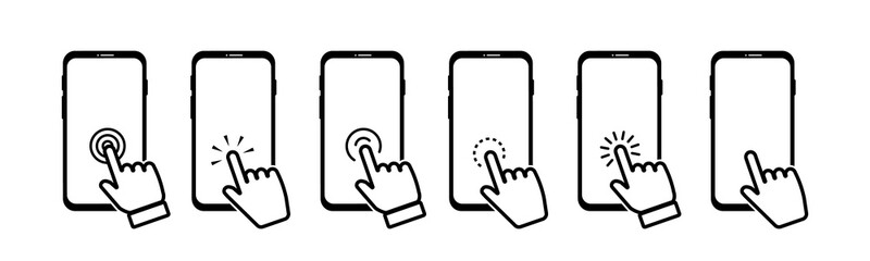 Poster - Touch screen smartphone icon set. Hand click on smartphone. Clicking hand pointer on the display phone. Vector illustration.