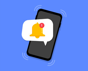 Poster - Smartphone with new notification. Notification bell on the phone screen. Mobile notice on message. Bell for alert, reminder and push chat alert. Vector illustration.
