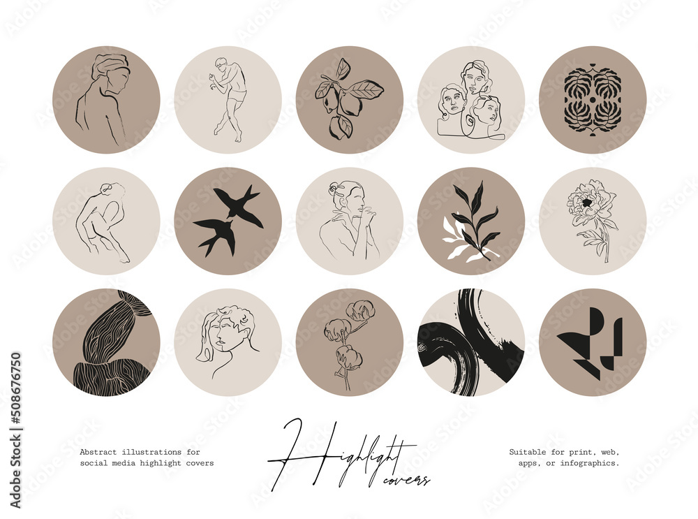 Set of hand drawn line art boho style vector illustrations. Vector set ...