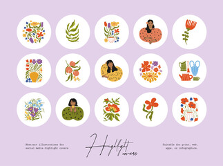  Set of hand drawn line art boho style vector illustrations. Vector set design templates icons and emblems - social media story highlight.