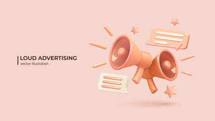 marketing or advertising concept, 3d megaphone loudspeaker in realistic cute cartoon style. vector i