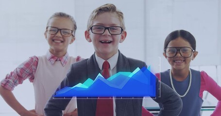 Poster - Animation of financial data processing over diverse school children dressed as business people