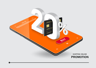 Canvas Print - Credit card inserted at 20% text and there is a buy icon next to it and all object placed on the smartphone screen for online shopping promotion discount design,vector 3d isolated on white background