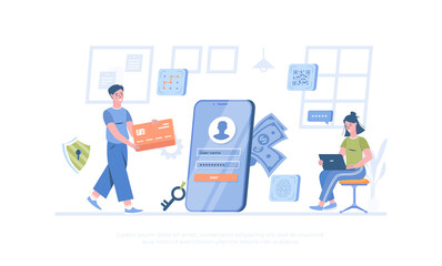 Wall Mural - Secure payment system. Safety and confidential data protection. Authentication and verification. Cartoon modern flat vector illustration for banner, website design, landing page.