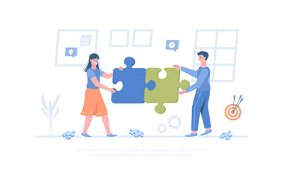 Wall Mural - Partnership Teamwork Brainstorming Meeting concept. Business team connecting pieces of puzzles. Cartoon modern flat vector illustration for banner, website design, landing page.