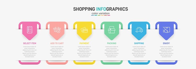 Concept of shopping process with 6 successive steps. Six colorful graphic elements. Timeline design for brochure, presentation, web site. Infographic design layout.