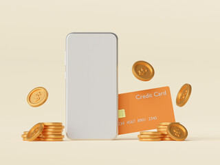 Wall Mural - 3d illustration of smartphone mockup with creditcard and dollar coin