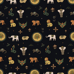 Burmese zodiac signs animals vector seamless pattern