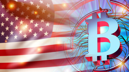 Poster - Bitcoin logo and flag of America. Use of Bitcoin technology in USA. Letter B with wires in front of flag of America. Using bitcoins in USA cities. Selective blurred. Wallet blockchain label. 3d image.