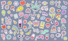 Stickers  For Planner, Hippies Vibe Style. Cute Characters, Psychedelic Elements, Youth Style. Retro Stickers For A Diary In The Style Of The 90s.