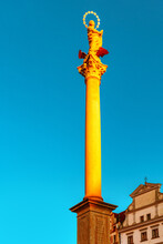 Reerected Marian Column On Old Town Square In Prague, Czech Republic, On Blue Sky Background