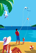 Family Beach Holiday Summer Vacation Rest Fun. Parents, child together leisure relax vector illustration. Sea beach recreation. Sunny tropical seaside landscape background. Season tourist trip concept