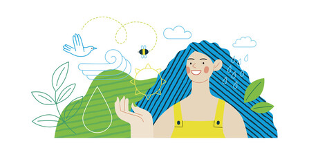 Ecology - Eco green -Modern flat vector concept illustration of a young woman surrounded by natural ecological symbols. Creative landing web page illustartion