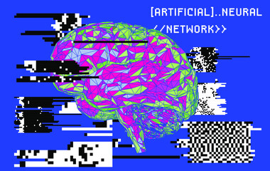 Aufkleber - 3D low-poly model of a human brain on glitched and pixelated background. Concept of the neural network and AI.