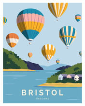 Hot Air Balloon Festival In Bristol England Vector Illustration Background For Poster, Poscard, Art Print With Minimalist Style.