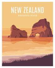 Illustration Landscape Wharariki Beach Background. Travel To Nelson, North Island, New Zealand. Vector For Poster, Postcard, Art Print.