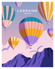 hot air balloon festival in lorraine france. travel landscape illustration background for poster, postcard, art print.