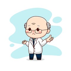 Illustration of professor or scientist feeling confused kawaii chibi cartoon character design