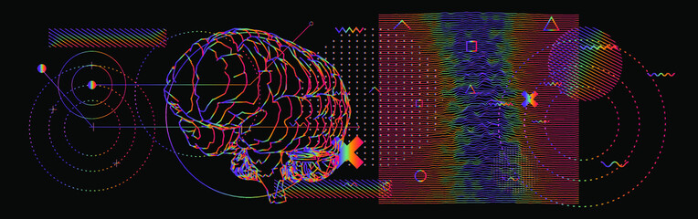 Abstract scientific background with holographic figures, 3D silhouette of the human brain and graphs.