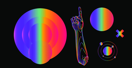 Poster - Abstract composition with model of the atom, geometric shapes and 3D hands. Sci-fi style illustration in holographic colors for chemistry and physics subjects.
