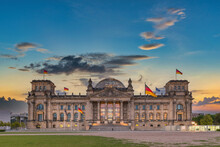 Berlin Germany, Sunrise City Skyline At Reichstag German Parliament Building