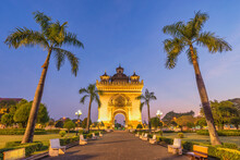 Vientiane Laos, Night City Skyline At Patuxai (Patuxay) The Most Famous Landmark In Vientiane