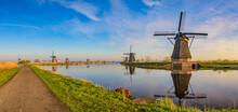 Rotterdam Netherlands, Panorama Nature Landscape Of Dutch Windmill At Kinderdijk Village