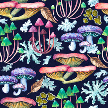 Seamless Pattern With Tree Forest Mushrooms And Lichens. Realistic Botanical Print For Design. Watercolor Illustration.