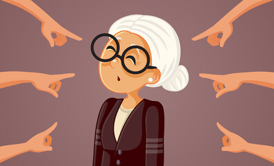 people blaming senior old woman vector cartoon illustration. society age shaming elderly lady discri