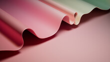 Pink And Green Undulating Wallpaper. Trendy 3D Abstract Background With Copy-Space.