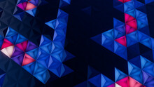 Illuminated, Blue And Pink Abstract Surface With Tetrahedrons. Futuristic, Colorful 3d Texture.