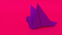 Bird Made From Folded Purple Paper Against Pink Background. Origami Concept With Copy Space.