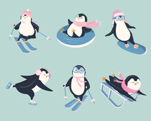 Vector Set Of Cute Funny Different Penguins Who Are Engaged In Winter Leisure. Colorful Childish Vector Illustration In Flat Style. All Elements Are Isolated. 