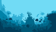 Silhouette Of Coral Reef With Fish And Divers On Blue Sea Background Underwater Vector Illustration