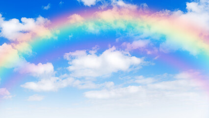 Wall Mural - sunny day background with rainbow, blue sky with white cumulus clouds, natural summer or spring back