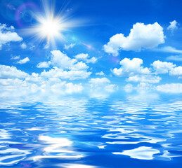Wall Mural - sunny background, blue sky with white clouds and sun, reflected in calm water, 3d illustration.