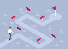 isometric vector illustration on a gray background, a man in business clothes walks along a winding path with pointers leading to a flag, a road or route to success