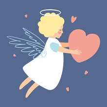 A Cute Angel With Wings Holds A Heart