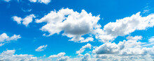 Panorama Blue Sky With White Soft Clouds. Landscape Image Of Blue Sky And Thin Clouds.