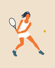 Colorful Female Tennis Player Illustration. Flat Style Digital Design Element. Simple Vector Illustration With Woman Playing Tennis In White Clothes