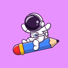 cute astronaut flying with pencil rocket cartoon vector icon illustration. science education icon co