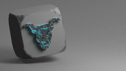 Poster - Beautiful Black with blue neon light zodiac sign Taurus symbol icons on a beton cube and white gray background. 3d rendering illustration. Loops Video.
