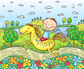 Leinwandbilder - Cartoon illustration of a kid riding horse