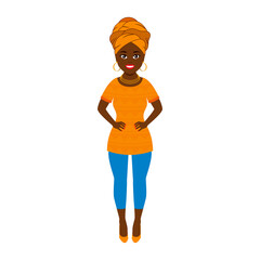 Beautiful african american young woman with head wrap vector. Attractive african girl with headdress vector. Stylish dark skin woman icon isolated on a white background. Happy african woman cartoon