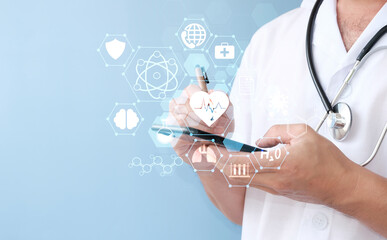 Poster - Doctor examines an electronic medical record on smart phone. DNA. Digital healthcare and network connectivity via hologram modern virtual screen interface, medical technology, and futuristic concept