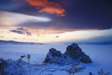 Wall Mural - winter landscape nature lake baikal shamanka rock olkhon island