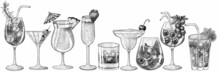 Vector Set Of 9 Different Drinks In Glasses In Engraving Style. Graphic Linear Aperol, Mojito, Strawberry Champagne, Berry Cocktail, Martini, Iced Whiskey, Cherry Margarita, Pina Colada