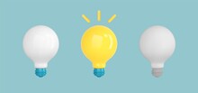 Set Of Electric Lamps. 3d Render White And Yellow Light Bulb. Creative Idea, Solution, Business, Strategy, Electric Icon. Vector Cartoon Illustration