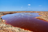 Fototapeta Miasta - Reddish-brown lake with salt water containing tar near the Dallol Volcano in the Danakil Desert, Ethiopia